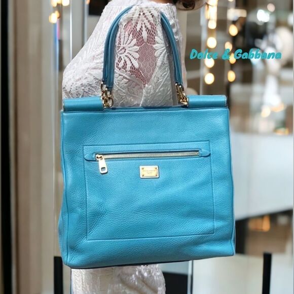 DOLCE & GABBANA BLUE LEATHER SHOULDER SATCHEL TOTE BAG - Picture 1 of 16